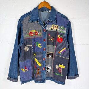 Keren Hart Teacher Patchwork Denim Jacket Embroidered School Motif Cotton S